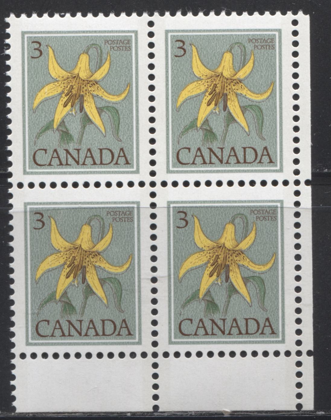 Canada #783var 3c Multicoloured Canada Lily, 1977-1982 Floral & Environment Issue, a Very Fine NH LR Field Stock Block Showing A Taggant Spill Affecting 3 Stamps