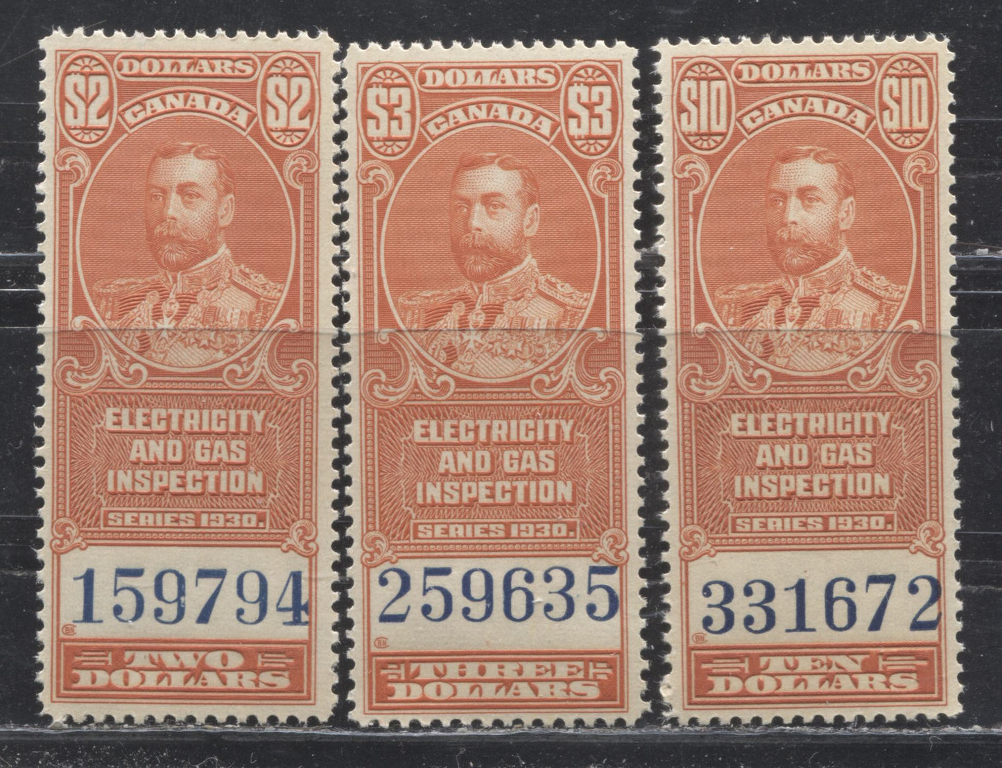 Canada #FEG5-FEG7 $2-$10 Vermilion 1930 Electricity and Gas Inspection, VF Mint NH Examples of the 5th Through 7th Values of the Set