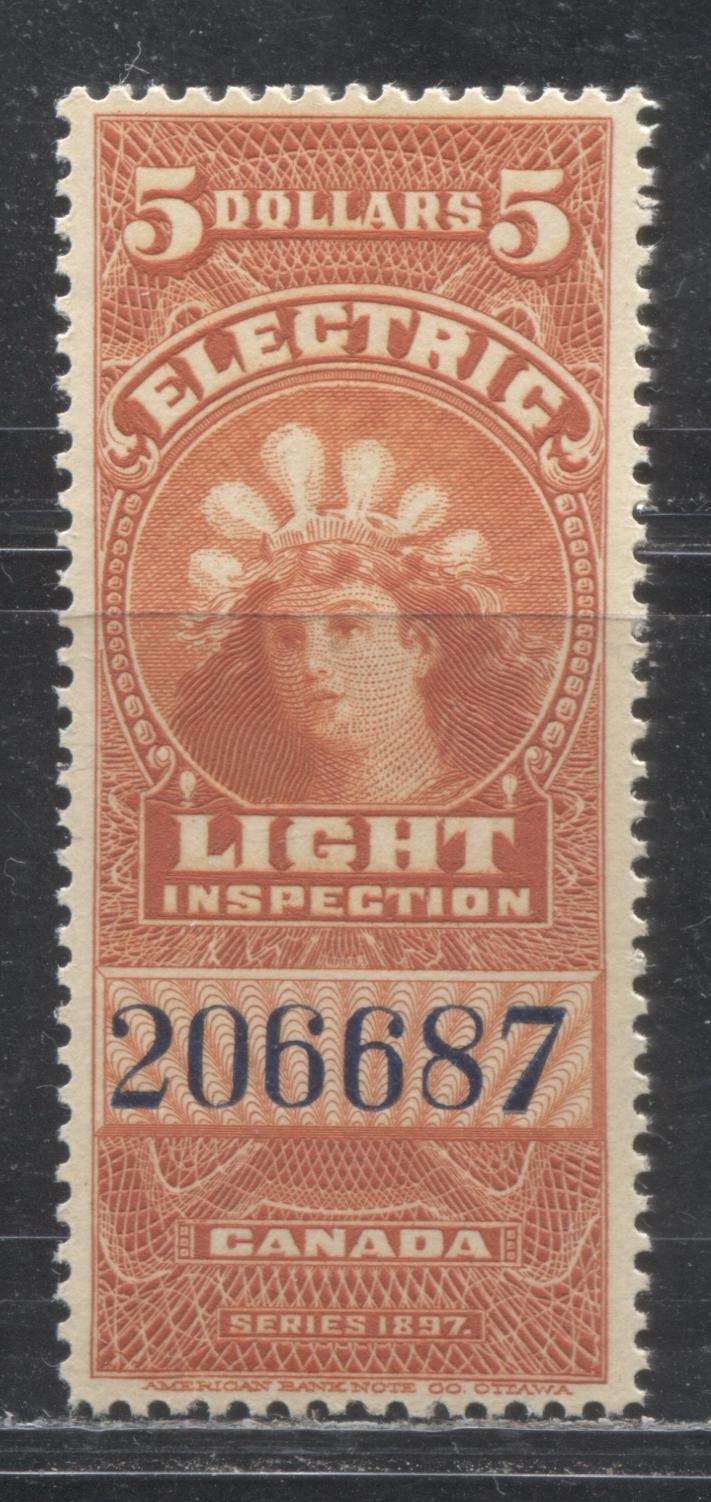 Canada #FE16b 1900-1930 $5 Vermilion Electic Light Inspection, Dry Printing With Black Control Number, A VFNH Example