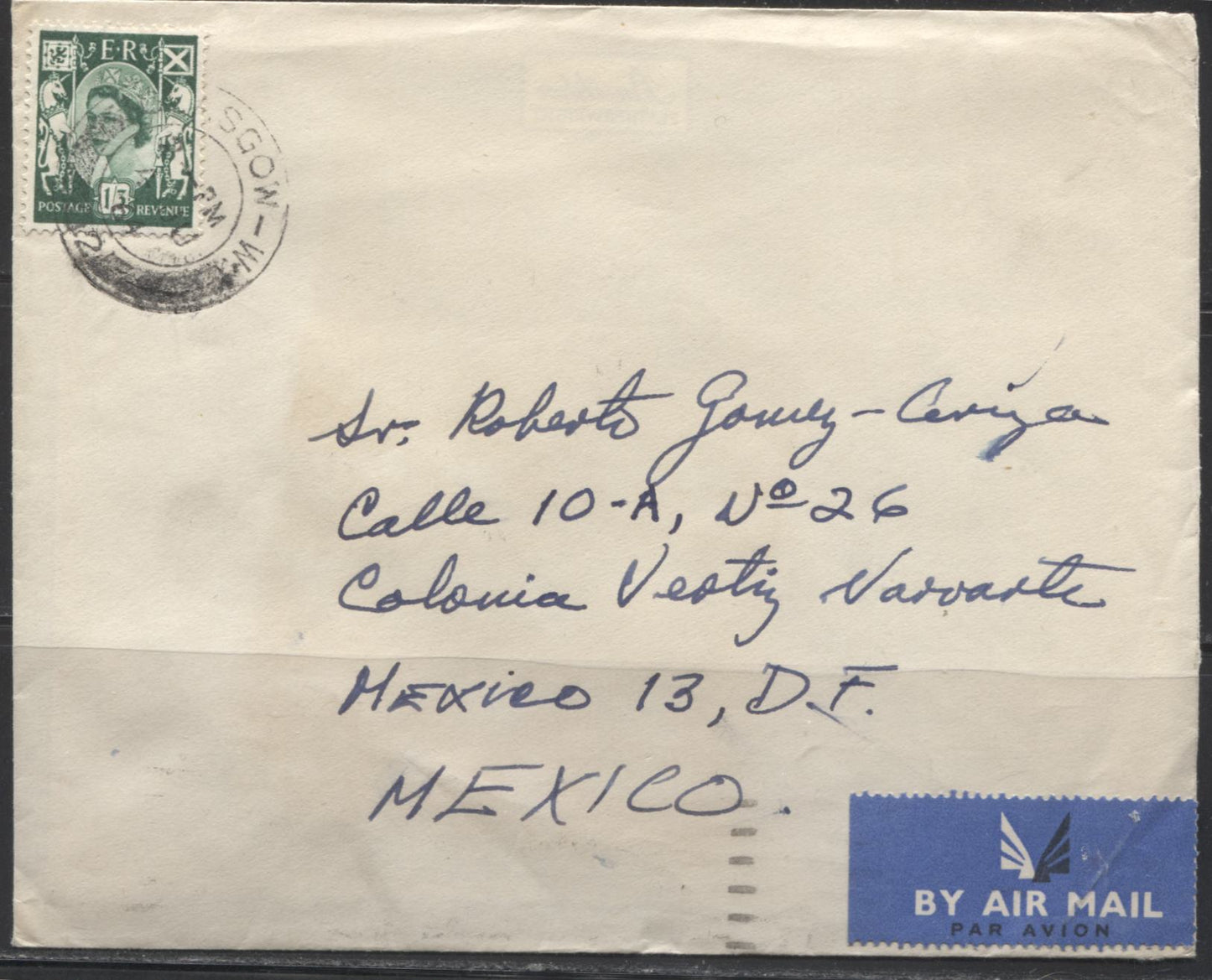 Great Britain (Scotland) #S5 1/3d Green Queen Elizabeth II, 1958-67 Wilding Issue, Multiple Crown Watermark, A Single Usage on a Very Fine Cover to Mexico, With Enclosure, August 4, 1964