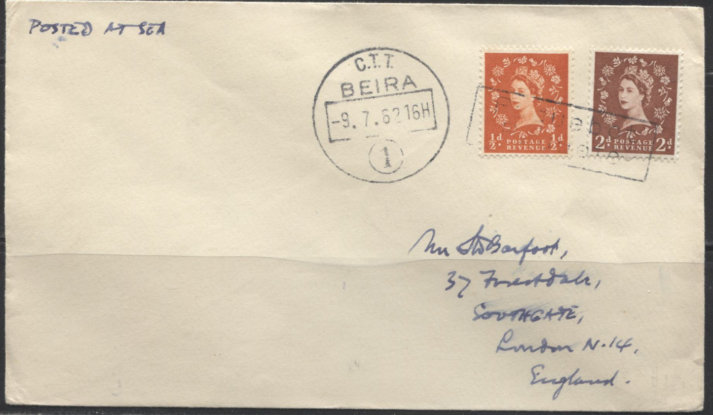 Great Britain #570, 573 1/2d Orange and 2d Light Brown Queen Elizabeth II, 1958-67 Wilding Issue, Multiple Crown Watermark, A Combination Usage on a Very Fine Paquebot Cover Sent From Portugal, July 9, 1962