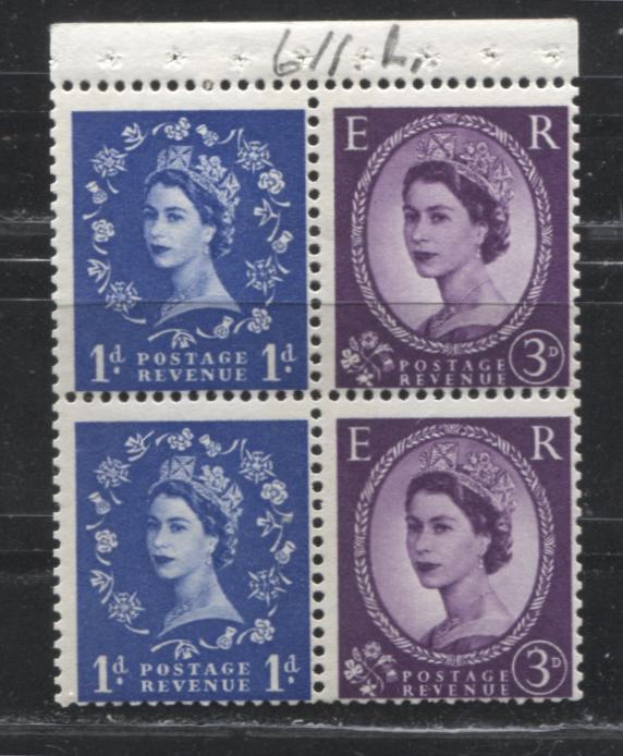 Great Britain SC#354fp SG#611ma 1d Bright Ultramarine & 3d Deep Purple Queen Elizabeth II, 1960-1967 Wilding Issue, Phosphor Tagged Issue, Se-Tenant Booklet Pane of 4, Violet Phosphor, 1 Left Band on Each 3d Stamp, Sideways Inverted Wmk., Fine NH