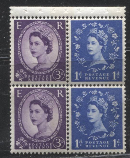 Great Britain SC#354fp SG#611n 1d Ultramarine & 3d Deep Purple Queen Elizabeth II, 1960-1967 Wilding Issue, Phosphor Tagged Issue, Se-Tenant Booklet Pane of 4, Violet Phosphor, 2 Bands on Each Stamp, HF Paper, Sideways Inverted Watermark, VFNH