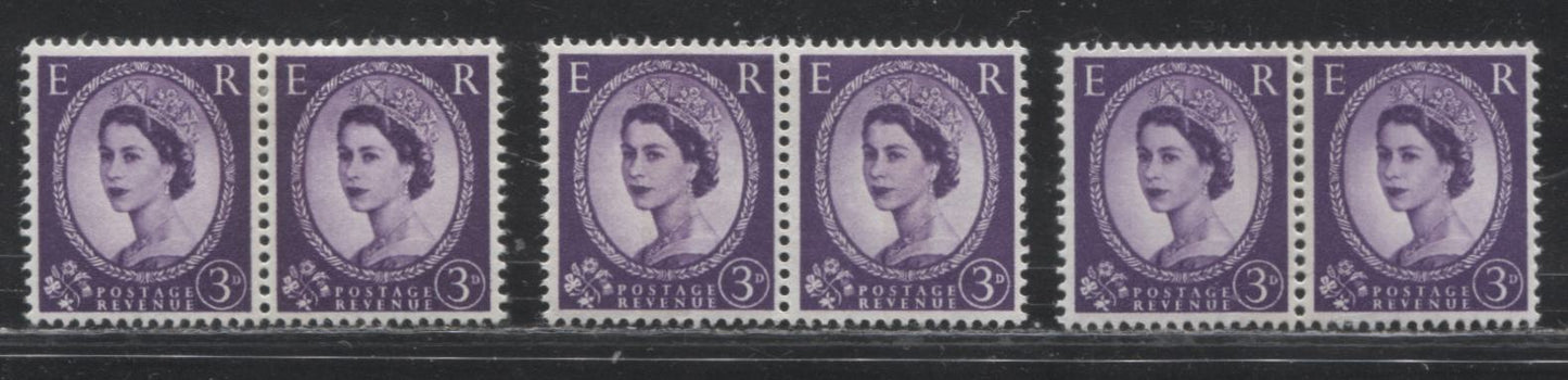 Great Britain SC#358p SG#615cvar 3d Deep Purple Queen Elizabeth II, 1960-1967 Wilding Issue, Multiple Crown Watermark, Phosphor Tagged Issue, Booklet Split Bar Pairs, Violet Phosphor, 3 Different Paper Fluorescences, VFLH/NH