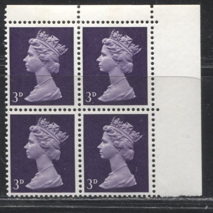 Great Britain SG#730 3d Dark Purple 1967-1971 Pre-Decimal Machin Heads, A VFNH UR Corner Block, Centre Phosphor Band, Head A, Streaky PVA Gum