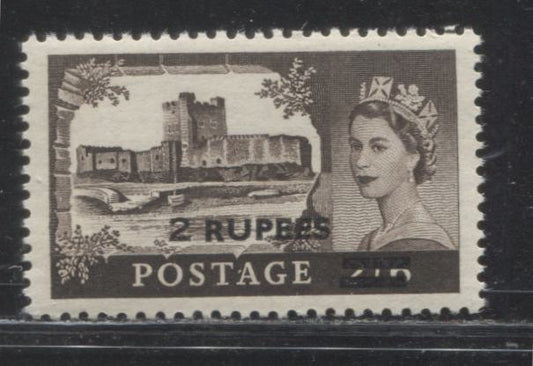 British Postal Agencies in Eastern Arabia SC#63 SG#56a 2R on 2/6d Deep Chocolate Brown, Carrickfergus Castle, 1955-1958 Wilding Issue, A Very Fine NH Example of the Type 2 Surcharge on the Pre-February 1957 Waterlow Printing, Right Bars Misaligned
