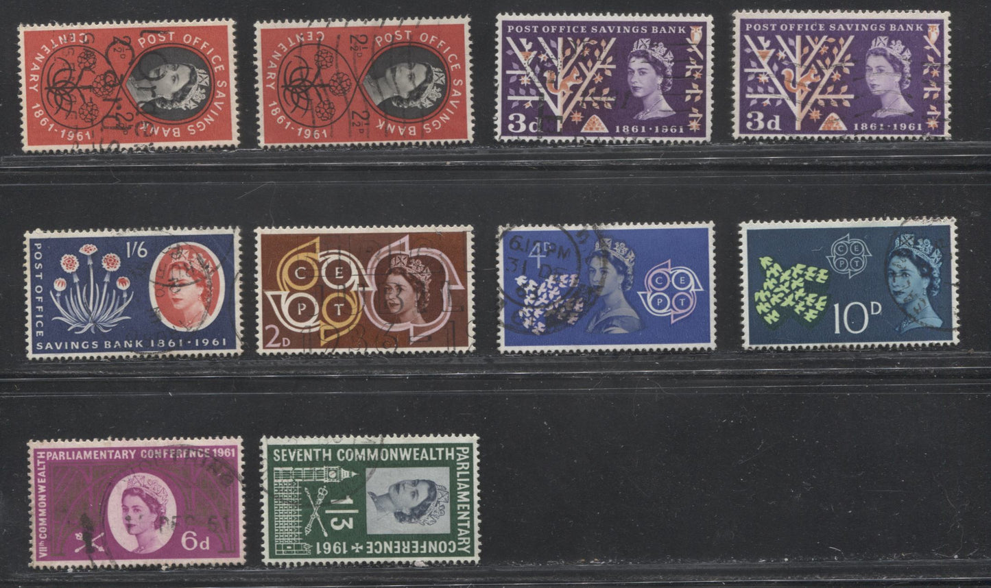 Great Britain #379-386 (SG#623A-630) 1961 Commemoratives, A Specialized Mostly Very Fine Used Lot of 10 Stamps, Including Timson and Thrissell Printings