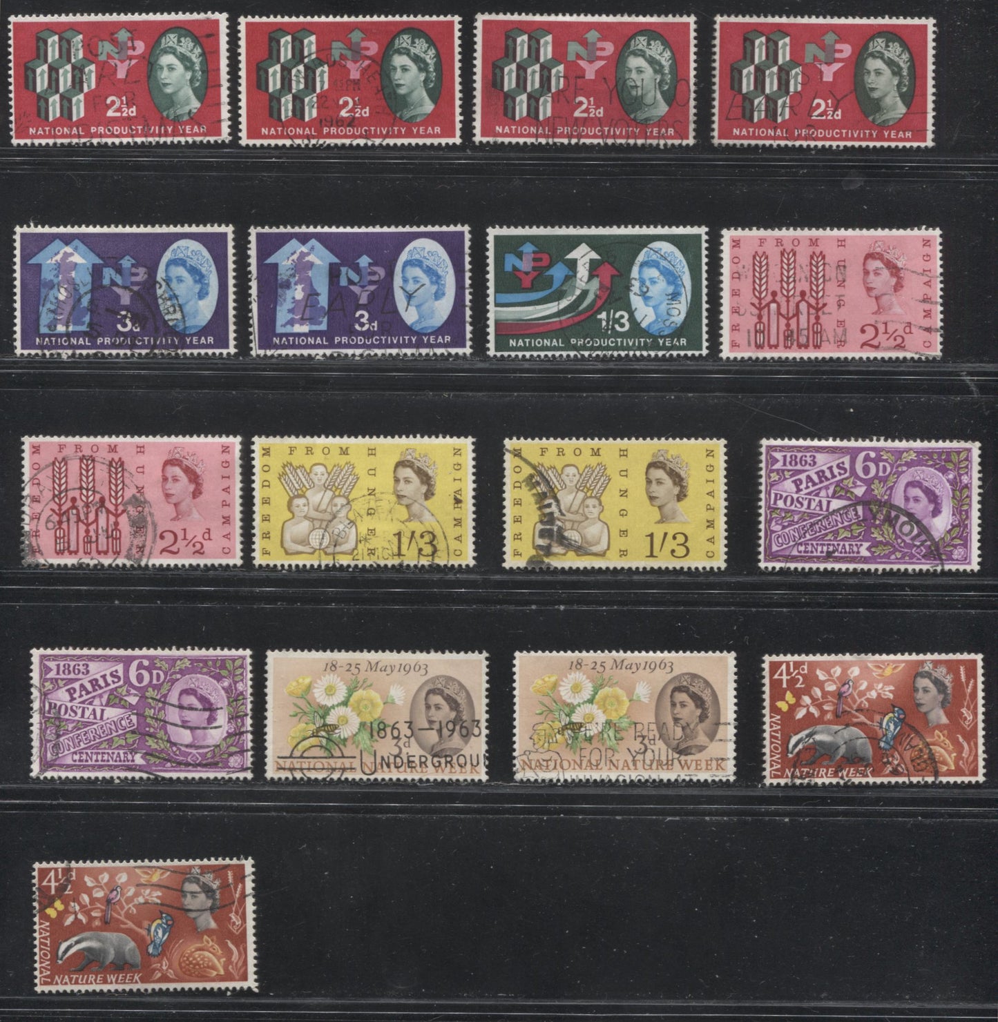 Great Britain #387-401 (SG631-645) 1962-1963 Commemoratives, A Specialized Mostly Very Fine Used Lot of 29 Stamps, Many Shade and Fluorescent Paper Varieties