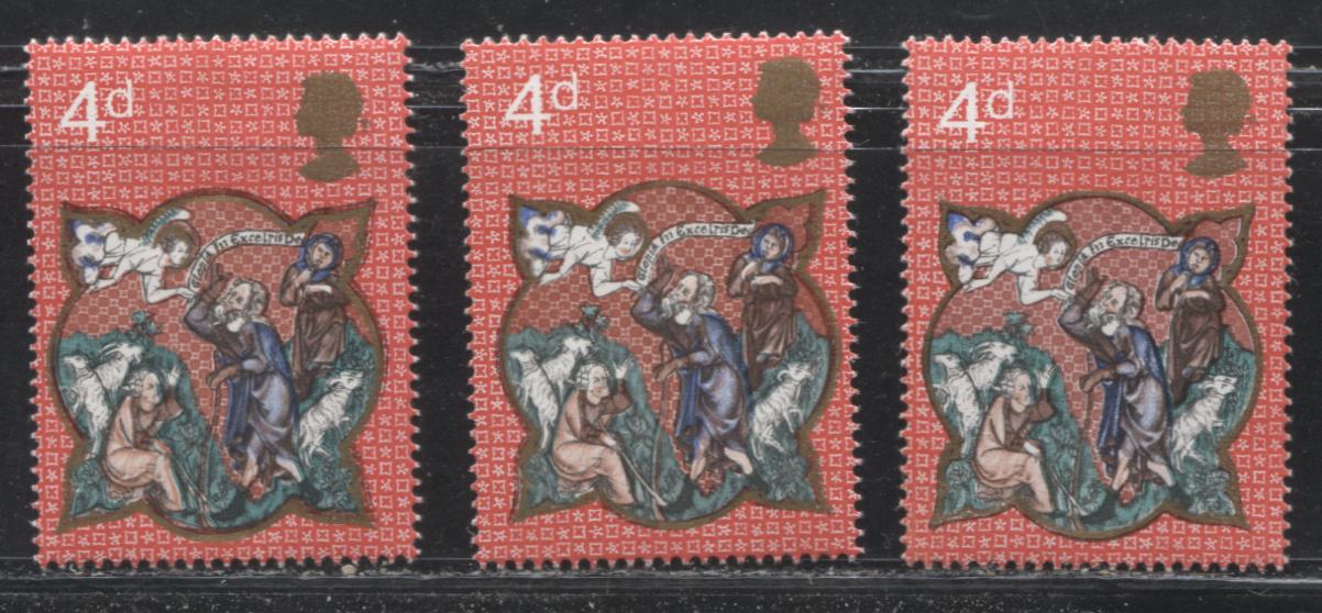 Great Britain SG#838var 4d Multicoloured, 1970 Christmas Issue, Three Very Fine Mint Examples, Two Showing Prominent Colour Shifts