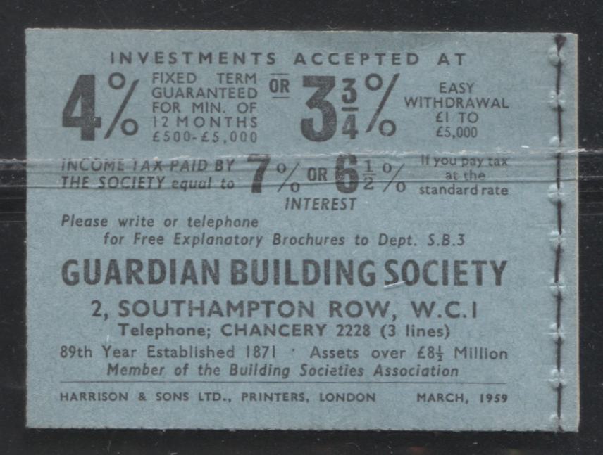 Great Britain SG#H38 5/- Light Grey Blue & Black Cover 1959-1967 Wilding Issue, A Complete Booklet With Inverted Multiple St. Edward's Crown Watermark, Cream Paper, Panes of 6, Type C GPO Cypher, March 1959