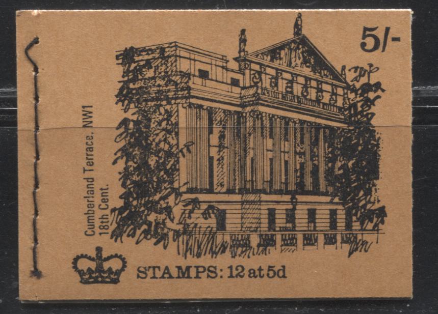 Great Britain SG#HP33 5/- Black on Terracotta 1967-1971 Pre-Decimal Machin Heads Issue, A Complete Booklet From February 1970, Various Fluorescence Levels For Cover and Interleaving Pages (B), Cumberland Terrace Cover