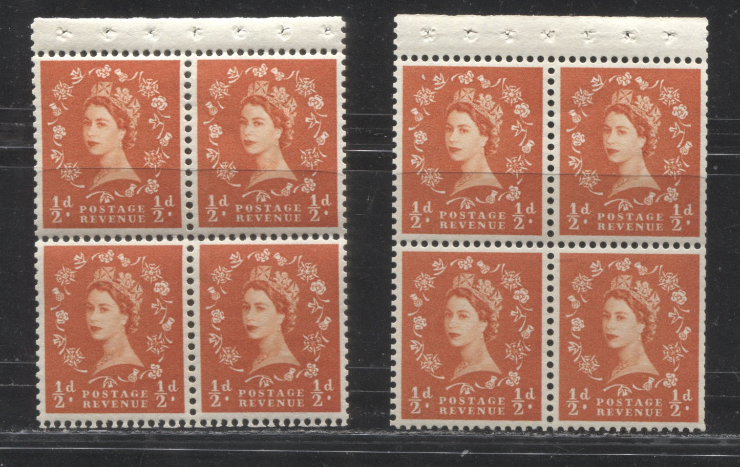 Great Britain SC#353b SG#570l 1/2d Orange Queen Elizabeth II, 1958-1967 Wilding Issue, Multiple Crown Watermark, Booklet Panes of 4, Cream Paper, LF-fl Under UV, Slightly Different Shades, VFNH
