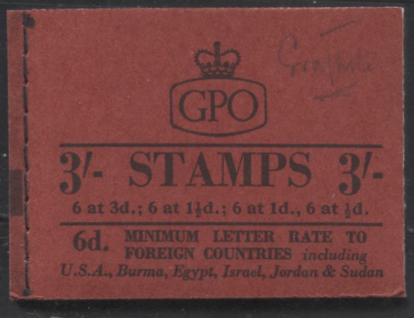 Great Britain SG#M13g 3/- Deep Red & Black Cover 1959 Wilding Graphite Issue, A Complete Counter Booklet With Inverted Multiple St. Edward's Crown Watermark, Panes of 6, Type B GPO Cypher, August 1959