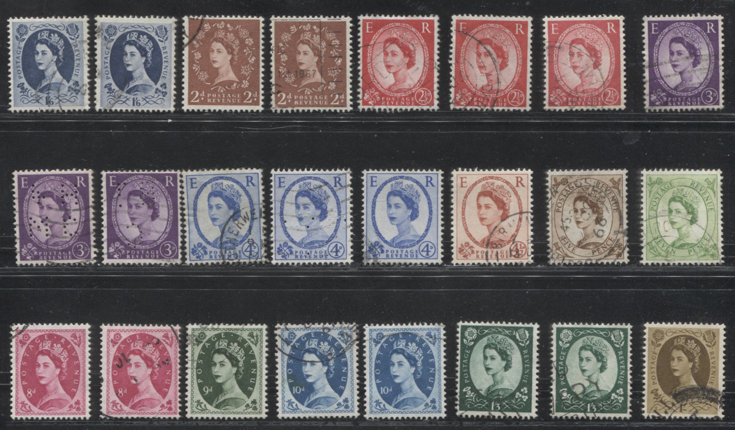 Great Britain SC#353-369 SG#570-586 1/2d Orange - 1/6d Grey Blue Queen Elizabeth II, 1958-1967 Wilding Issue, Multiple Crown Watermark, Complete & Partial Sets, Fluorescent & Non Fluorescent White Papers, Many Varieties, Fine to Very Fine Used