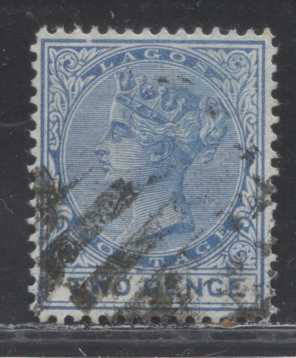 Lot 231 Lagos SG#11 (SC#8var) 2d Deep Bright Greenish Blue, Queen Victoria, 1876-1880 Line Perf. 14 Crown CC Watermarked Issue, 4th Printing, A VF Used Example Showing Broken Frame at Upper Left, 2022 Scott Classic Cat. $15 USD Without Break