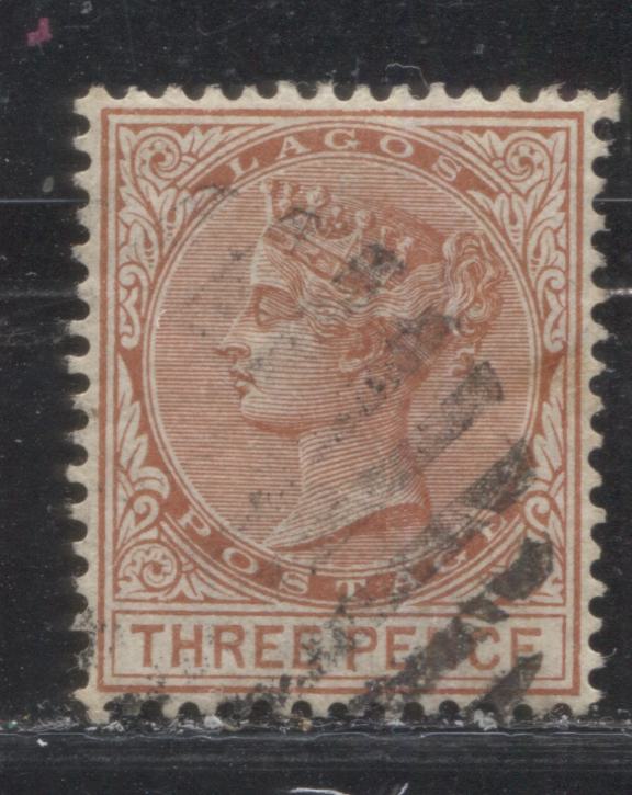 Lot 251 Lagos SG#19 (SC#20) 3d Indian Red & Chestnut, Queen Victoria, 1882-1886 First Crown CA Watermarked Issue, 6th Printing, A Very Fine Used Example, 2022 Scott Classic Cat. $8.75 USD