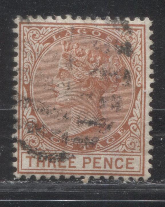 Lot 249 Lagos SG#19 (SC#20) 3d Lake Brown, Queen Victoria, 1882-1886 First Crown CA Watermarked Issue, 4th Printing, A Fine Used Example, 2022 Scott Classic Cat. $8.75 USD