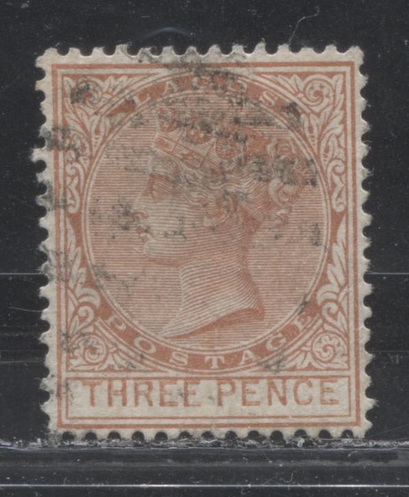 Lot 248 Lagos SG#19 (SC#20) 3d Light Indian Red, Queen Victoria, 1882-1886 First Crown CA Watermarked Issue, 2nd Printing, A Very Fine Used Example, 2022 Scott Classic Cat. $8.75 USD