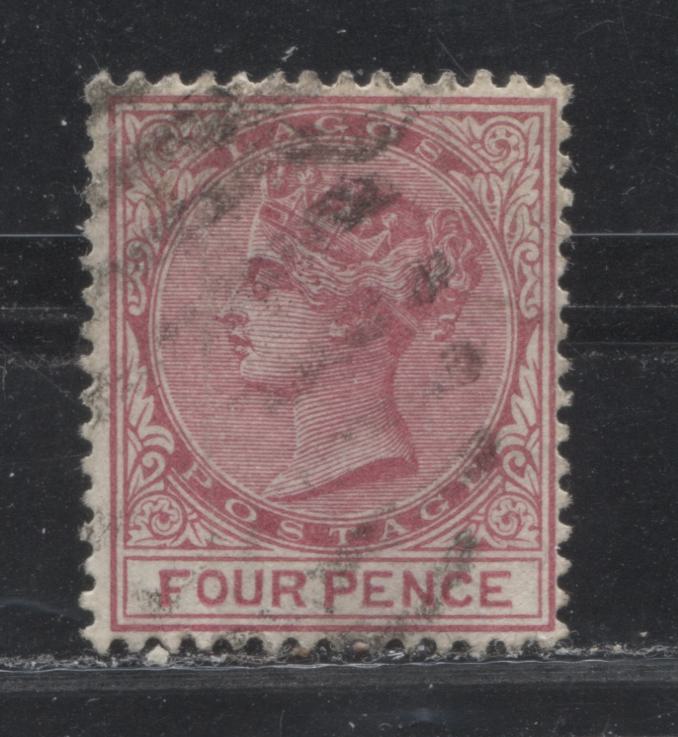Lot 254 Lagos SG#20 (Sc#22) 4d Bluish Carmine Rose, Queen Victoria, 1882-1886 First Crown CA Watermarked Issue, 4th Printing, A Fine Used Example, 2022 Scott Classic Cat. $14 USD