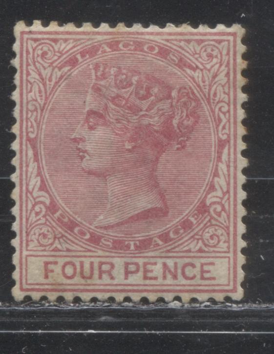 Lot 255 Lagos SG#20 (SC#22) 4d Deep Bright Rose, Queen Victoria, 1882-1886 First Crown CA Watermarked Issue, 6th Printing, A Fine Mint Regummed Example, 2022 Scott Classic Cat. $225 USD, Net Est. $110