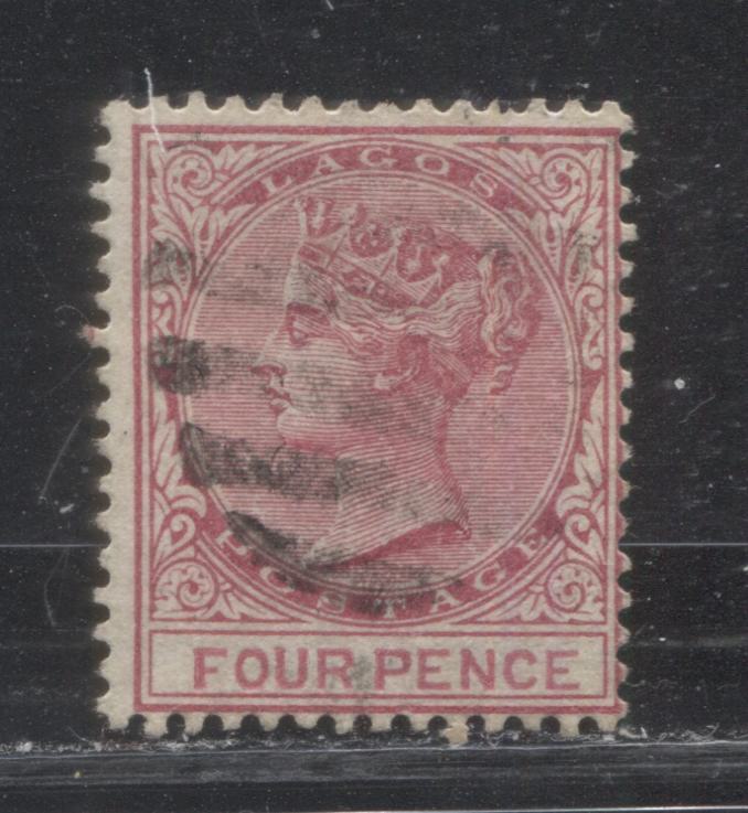 Lot 253 Lagos SG#20 (SC#22) 4d Rose Carmine & Deep Rose, Queen Victoria, 1882-1886 First Crown CA Watermarked Issue, 2nd Printing, A Fine Used Example, 2022 Scott Classic Cat. $14 USD