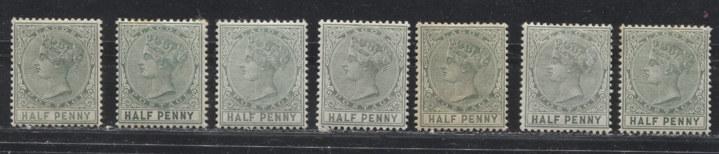 Lot 257 Lagos SG#21 (SC#13) 1/2d Green, Queen Victoria, 1884-1886 Second Crown CA Watermarked Issue, A Mint Group of 7 Different Printings, Likely Between 1894 and 1898, 2022 Scott Classic Cat. $15.75 USD For the Commonest Printings