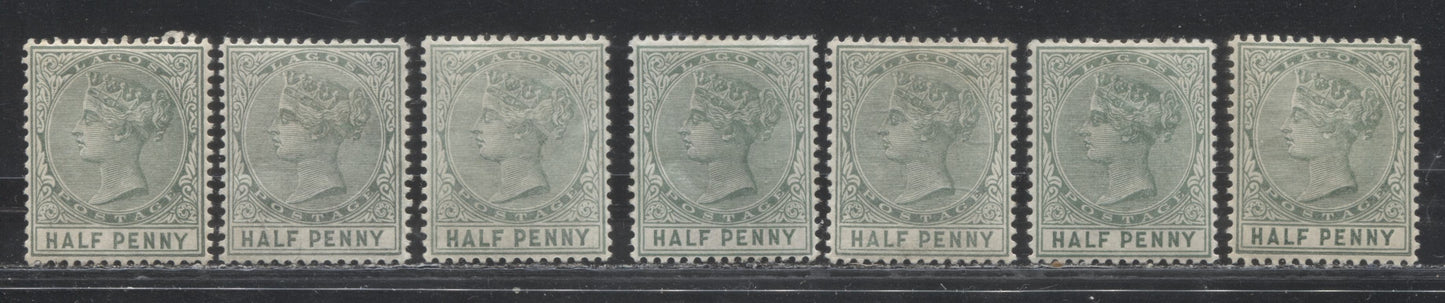 Lot 256 Lagos SG#21 (SC#13) 1/2d Green, Queen Victoria, 1884-1886 Second Crown CA Watermarked Issue, A Mint Group of 7 Different Printings, Likely Between 1897 and 1900, 2022 Scott Classic Cat. $15.75 USD For The Common Printings
