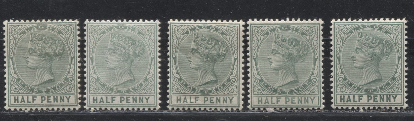 Lot 259 Lagos SG#21 (SC#13) 1/2d Green, Queen Victoria, 1884-1886 Second Crown CA Watermarked Issue, A Mint Group of 5 Different Printings, Likely Between 1900 and 1902, Both Plates 1 and 2, 2022 Scott Classic Cat. $11.25 USD