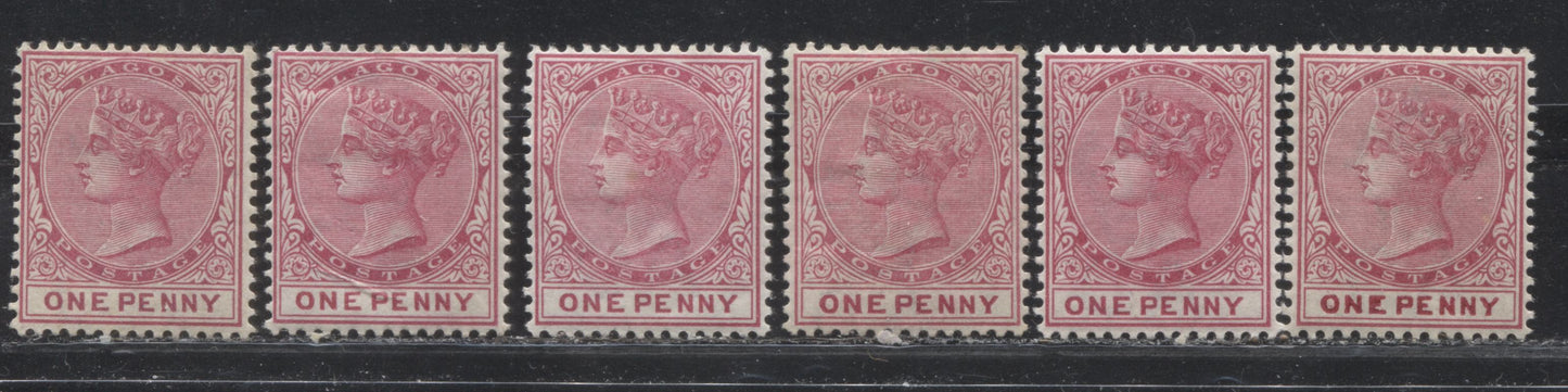 Lot 262 Lagos SG#22 (SC#15) 1d Carmine, Queen Victoria, 1884-1886 Second Crown CA Watermarked Issue, A Mint Group of Six Late Printings, Likely Between 1898 and 1902, 2022 Scott Classic Cat. $13.50 USD For The Commonest Printings