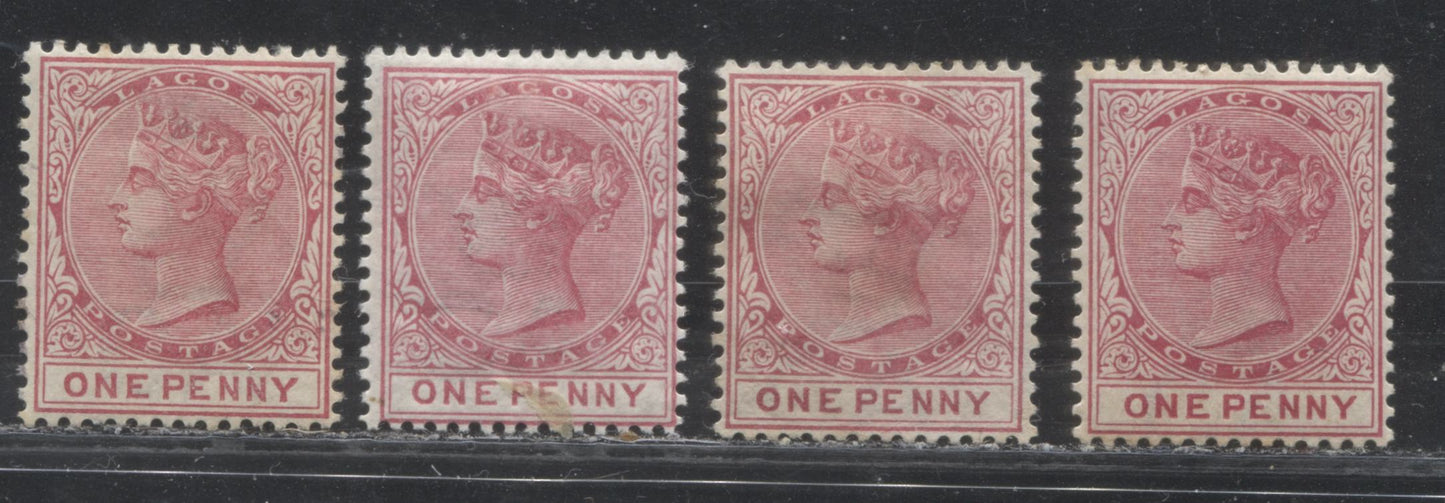 Lot 260 Lagos SG#22 (SC#15) 1d Carmine, Queen Victoria, 1884-1886 Second Crown CA Watermarked Issue, A Mint Group of Four Early Printings, Likely Pre-1886, 2022 Scott Classic Cat. $9 For the Commonest Printings, Est. $20
