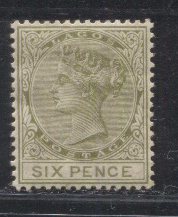 Lagos SG#25 6d Paler Yellow Olive, Queen Victoria, 1884-1886 Second Crown CA Watermarked Issue, 3rd Printing, A Very Fine Mint OG Example