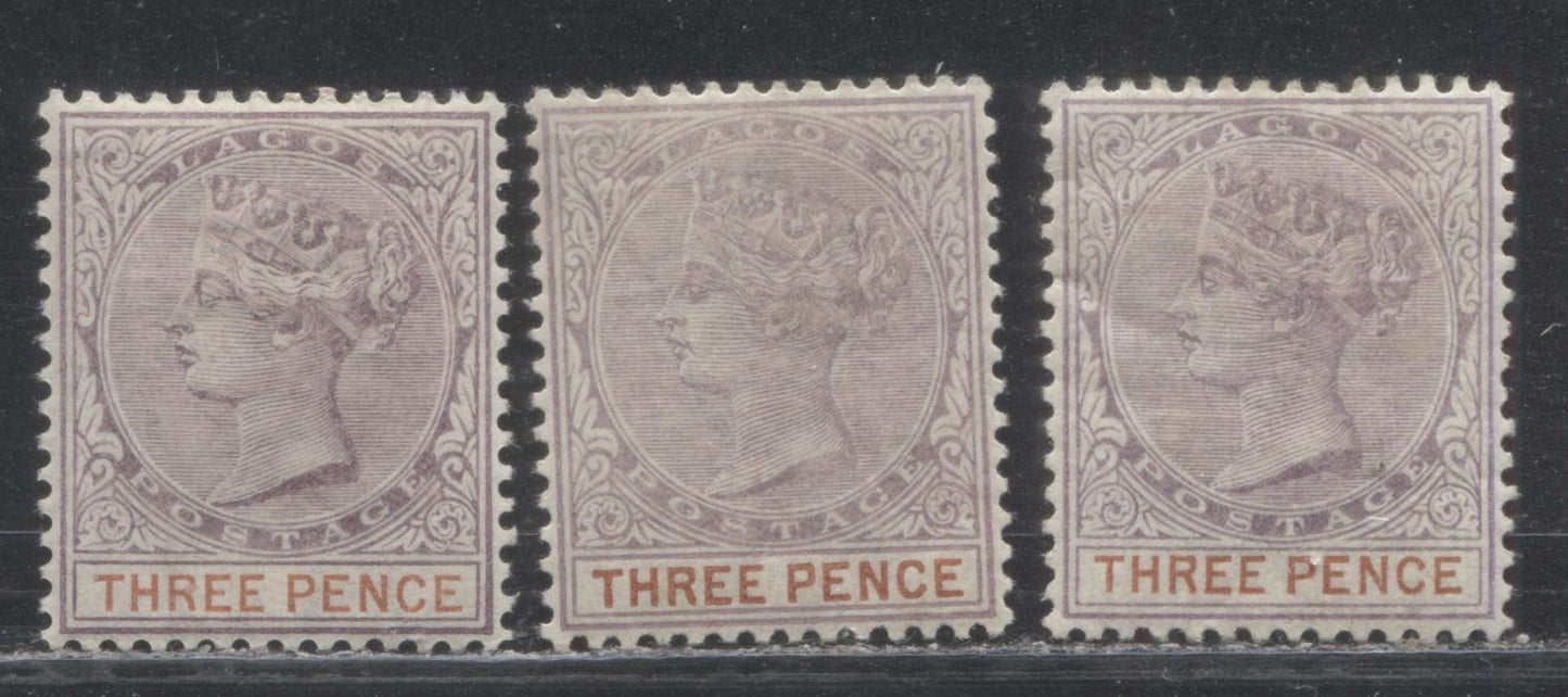 Lot 285 Lagos SG#32 (SC#21) 3d Dull Mauve & Pale Orange Brown and 3d Dull Lilac & Deep Lake Brown, Queen Victoria, 1887-1902 Bicoloured Crown CA Watermarked Issue, 12th, 13th and 14th Printings, Three Very Fine Mint OG Examples