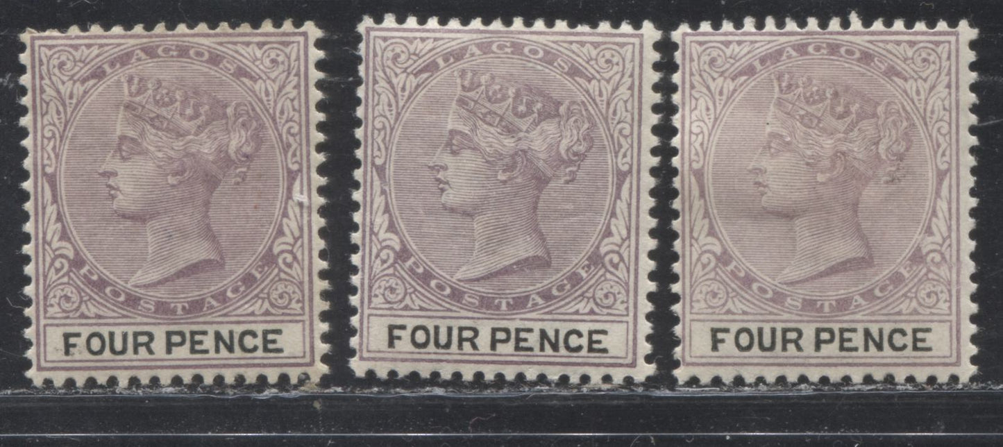 Lot 288 Lagos SG#33 (SC#24) 4d Dull Purple & Black and 4d Deep Dull Purple & Black, Queen Victoria, 1887-1902 Bicoloured Crown CA Watermarked Issue, 1st, 4th and 5th Printings, Three Fine Mint OG Examples