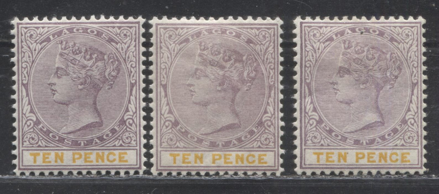 Lagos SG#37 10d Reddish Lilac & Orange Yellow, 10d Pale Milky Reddish Lilac & Deep Lemon and 10d Reddish Lilac & Deep Lemon, Queen Victoria, 1887-1902 Bicoloured Crown CA Watermarked Issue, 1st, 4th and 6th Printing, Very Fine Mint OG Examples