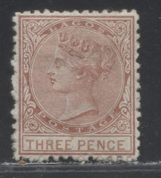 Lagos SG#3 3d Chestnut & Orange Brown, Queen Victoria, 1874-1876 Perf. 12.5 Crown CC Watermarked Issue,  4th Printing, Perf.12.5, A Very Fine Unused Example