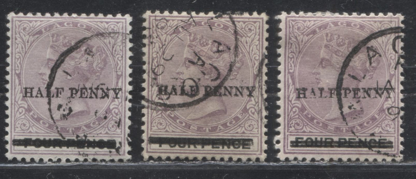 Lagos SG#42 1/2d on 4d Dull Purple & Black, and 1/2d on 4d Reddish Lilac & Black Queen Victoria, 1887-1902 Bicoloured Crown CA Watermarked Issue, 3 Different Fine and VF Used Examples, All Different Surcharges From the First and Second Printings