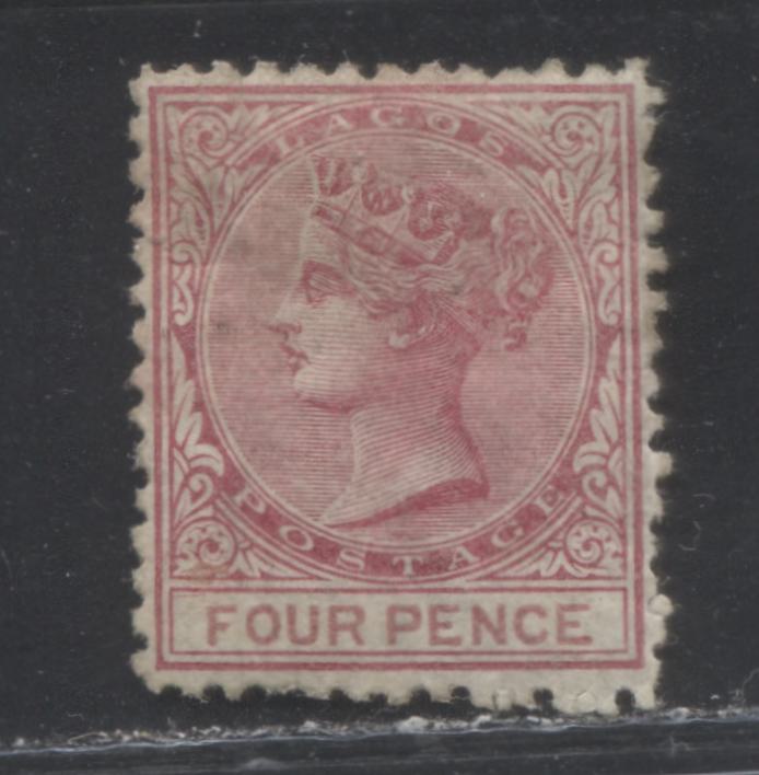 Lot 199 Lagos SG#5 (SC#4) 4d Carmine & Brown Rose, Queen Victoria, 1874-1876 Perf. 12.5 Crown CC Watermarked Issue, 2nd Printing, Fine Unused Example, 2022 Scott Classic Cat. $150 USD For The Most Common Printing