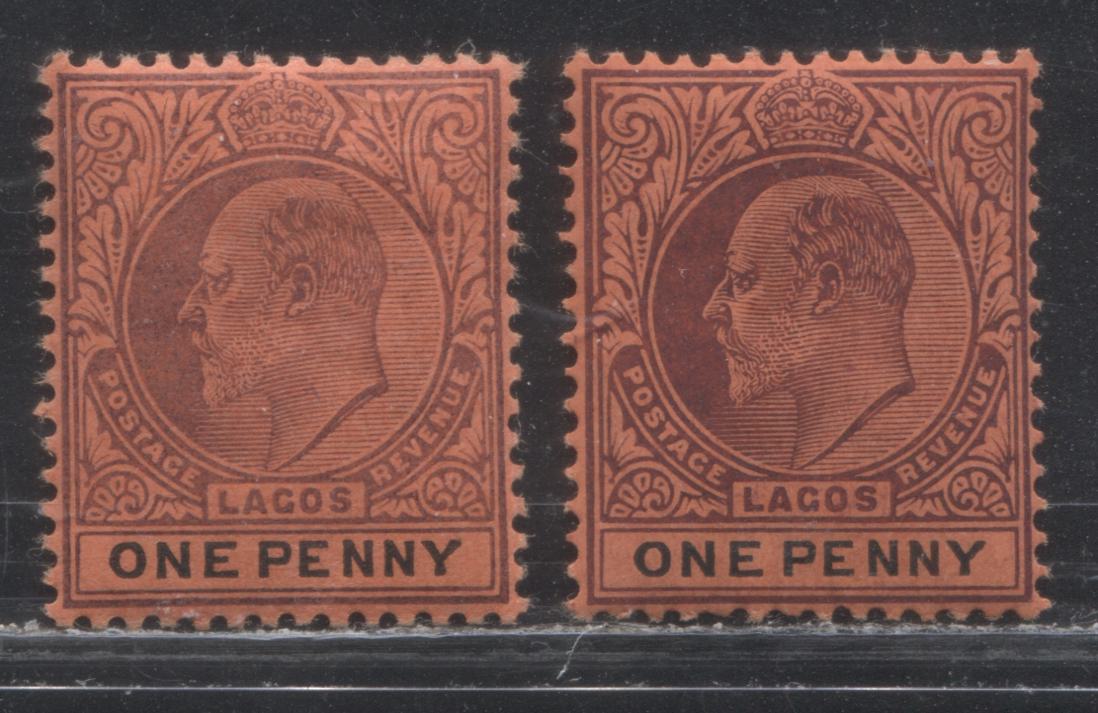Lot 436 Lagos SG#55-55a (SC#51-51a) 1d Purple on Deep Red, King Edward VII, 1904-1906 Multiple Crown CA Watermarked Issue, Very Fine OG Examples of the Ordinary and Chalky Papers, 2022 Scott Classic Cat. $9.75 USD