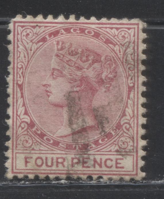 Lot 202 Lagos SG#5 (SC#4) 4d Carmine-Lake, Queen Victoria, 1874-1876 Perf. 12.5 Crown CC Watermarked Issue, 6th Printing, A Very Fine Used Example, 2022 Scott Classic Cat. $50 USD For The Most Common Printing
