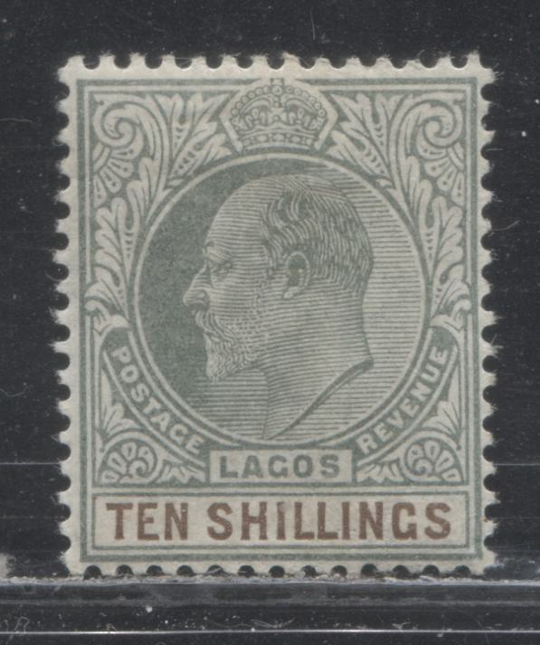 Lot 353 Lagos SG#63 (SC#59)  10/- Dull Green and Deep Brown, King Edward VII, 1904-1906 Multiple Crown CA Watermarked Issue, a Very Fine OG Example of the Ordinary Paper, 2022 Scott Classic Cat. $100 USD, Only 6,240 Issued!