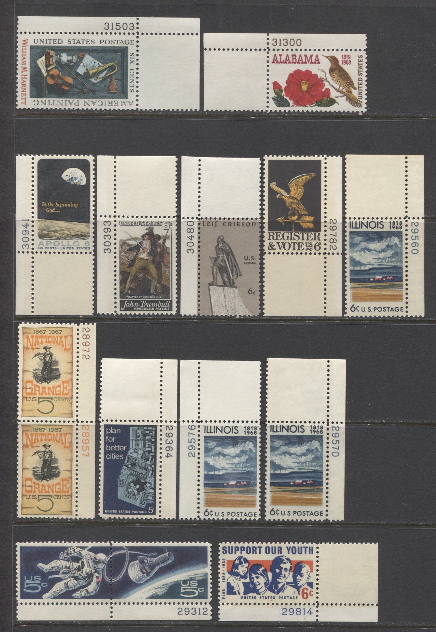Lot 143 United States SC#1306/1386 1966-1969 Commemorative Issues, 54 VF/XFNH Plate Number Singles, Pairs & Blocks. 2017 Scott Cat. $13.50 USD, Click on Listing to See ALL Pictures