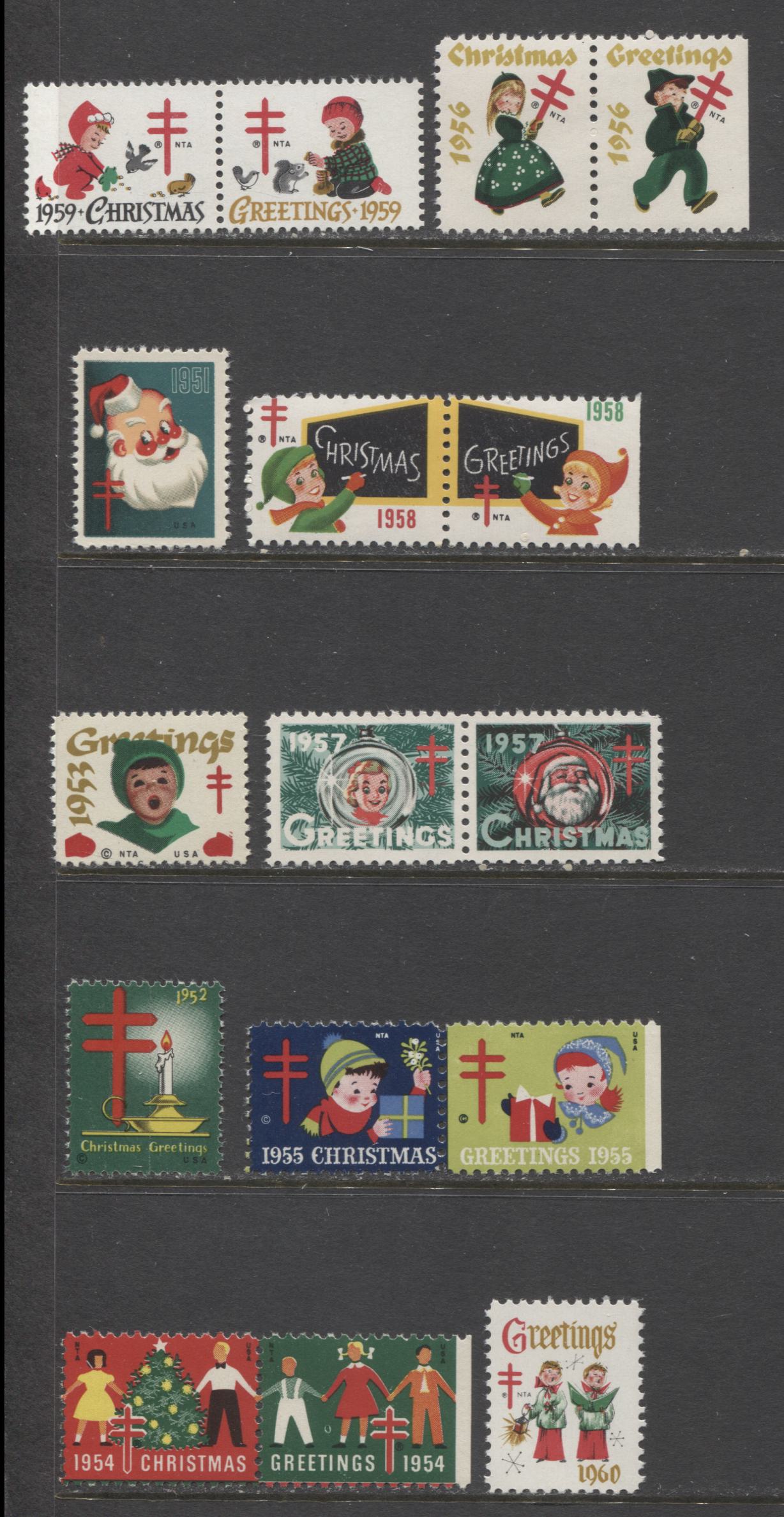 Lot 181 United States, 1951-1960 National Christmas Seals, 11 VFNH English Examples, Singles & Pairs, Est. $5., Click on Listing to See ALL Pictures
