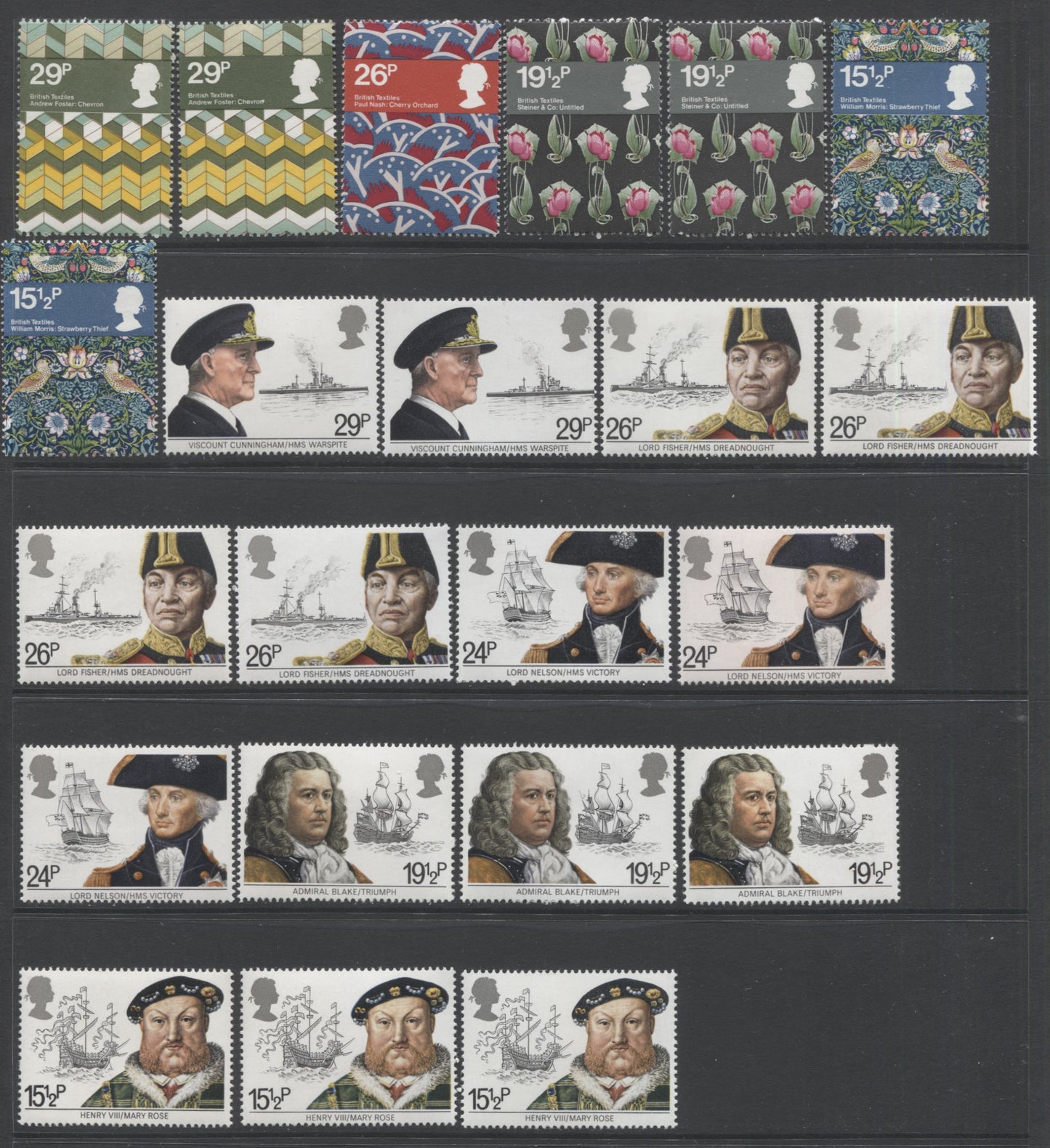 Lot 22 Great Britain SC#991-999, 1982 Admirals & Textiles Issues, A Specialized Lot Of 22 VFNH Singles On Varying Phosphorized Papers. 2006 Scott Cat $18.85 USD, Click on Listing to See ALL Pictures