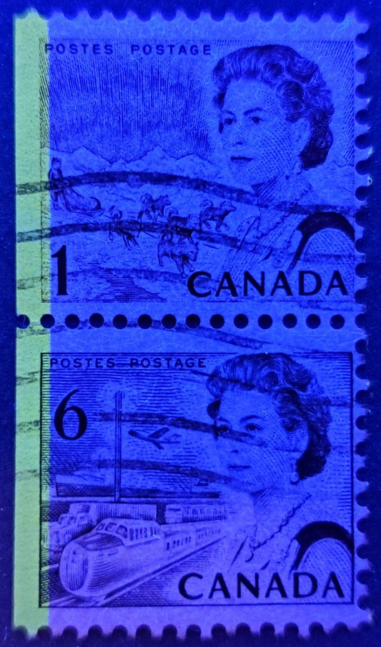 Lot #44 Canada #454epviT3a 1c Purple Brown, Northern Lights and Dogsled Team, 1967-1973 Centennial Issue, A fine Used Example of the BABN Booklet Stamp on HF Paper in Pair With 6c Showing a G2aL Tagging Error, 3 mm OP-2 Tagging