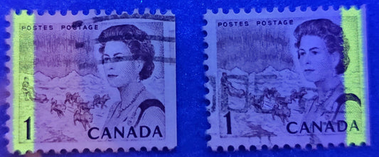 Lot #46 Canada #454epviiiT3 1c Purple Brown, Northern Lights and Dogsled Team, 1967-1973 Centennial Issue, Two VF Used Examples of the BABN Booklet Stamp on DF Paper With G2aC Tagging Errors, 3 mm OP-2 Tagging