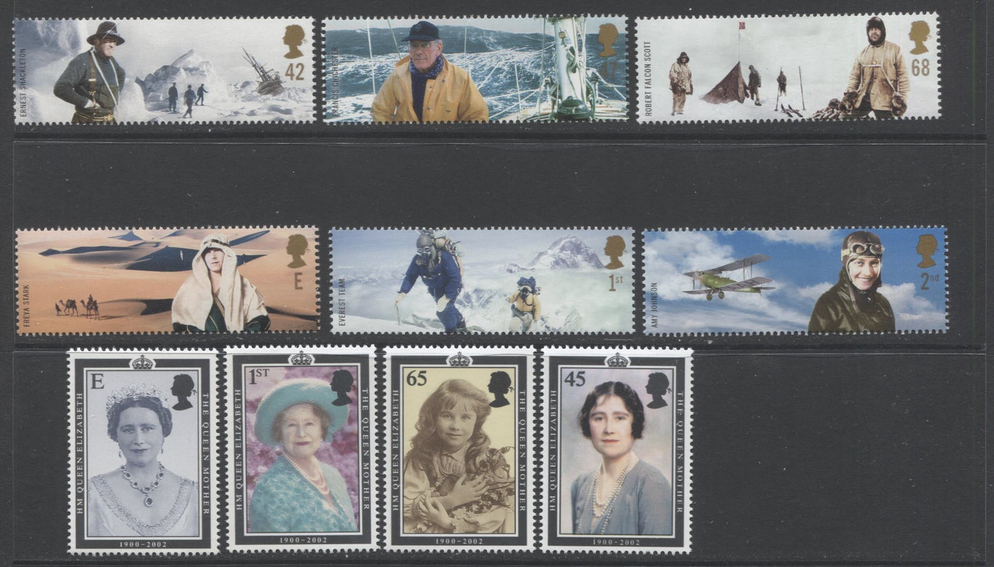 Lot 63 Great Britain SC#2044-2047, 2118-2123, 2002-2003, Queen Mother & Adventurers Issues, 2 VFNH Tagged Sets On DF Paper. 2006 Scott Cat $16.85 USD, Click on Listing to See ALL Pictures