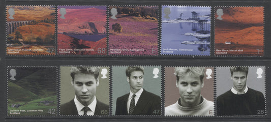 Lot 64 Great Britain SC#2137-2140, 2141-2146, 2003 Prince William & Scottish Scenes Issues, 10 VFNH Singles On DF Paper. 2006 Scott Cat $16.50 USD, Click on Listing to See ALL Pictures