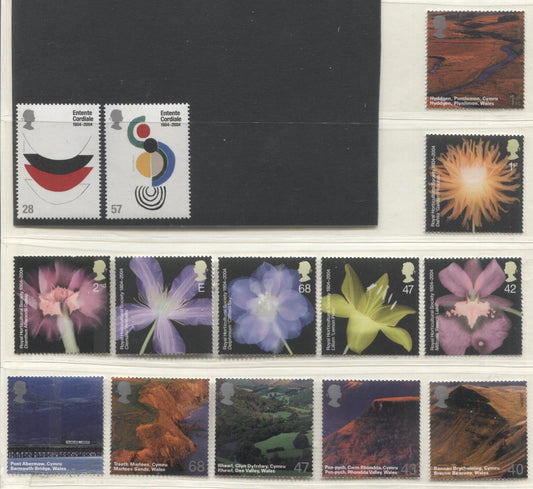 Lot 67 Great Britain SC#2200-2201, 2209-2220, 2004 Entente Cordiale, Horticultural & Wales Scenery Issues, 14 Tagged VFNH Singles On DF Paper. 2006 Scott Cat $22.05 USD, Click on Listing to See ALL Pictures