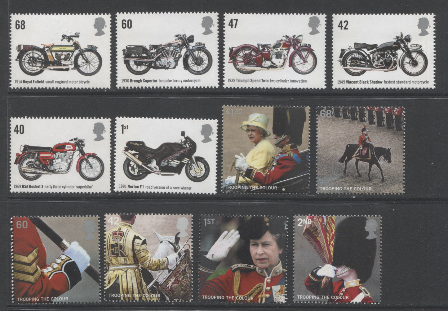 Lot 68 Great Britain SC#2288-2293, 2295-2300, 2005 Motocycle & Royal Guard Issues, 12 VFNH Singles On DF Paper. 2006 Scott Cat $22.75 USD, Click on Listing to See ALL Pictures