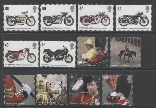 Lot 68 Great Britain SC#2288-2293, 2295-2300, 2005 Motocycle & Royal Guard Issues, 12 VFNH Singles On DF Paper. 2006 Scott Cat $22.75 USD, Click on Listing to See ALL Pictures
